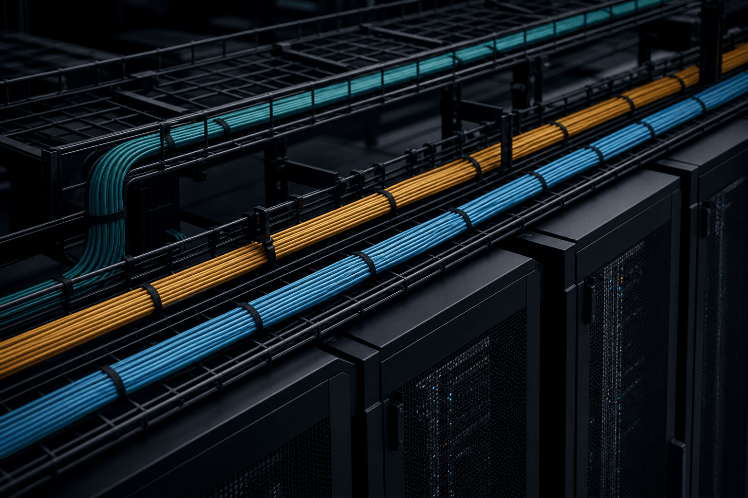 Overhead structured cabling trays with coordinated teal and cyan bundles